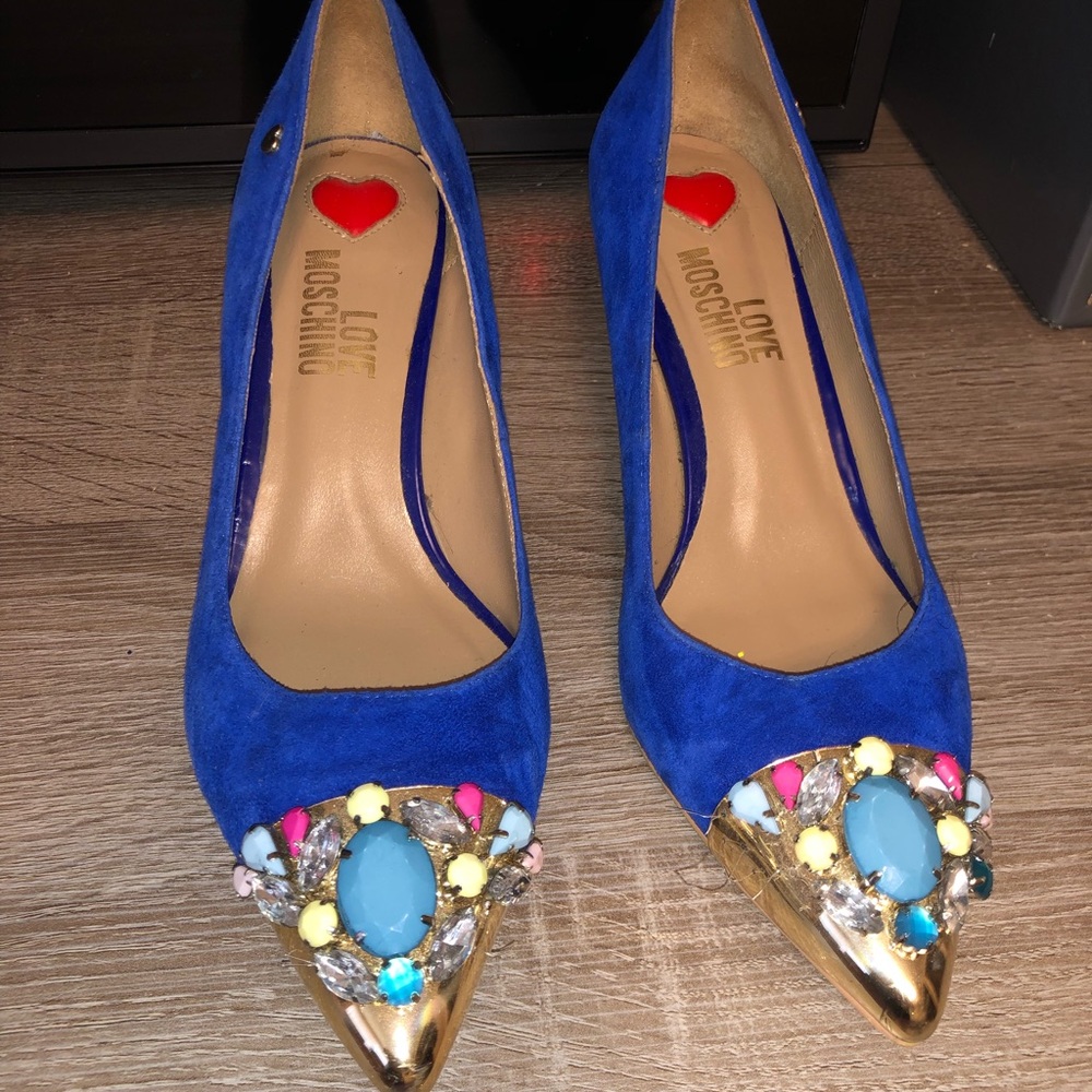 LOVE Moschino Suede Blue Bedazzled Pumps